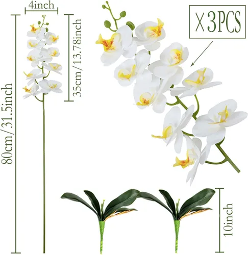 Vista 2 de FagusHome Phalaenopsis - Flores artificiales de seda de 31 pulgadas, 3 piezas con 2 paquetes de hojas, flores artificiales de orquídea, plantas