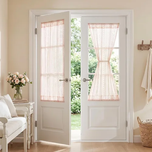 Vista 28 de MYSKY HOME Cortinas de encaje beige para puerta francesa de 40 pulgadas de largo, 2 paneles de cortinas florales bohemias transparentes para puerta