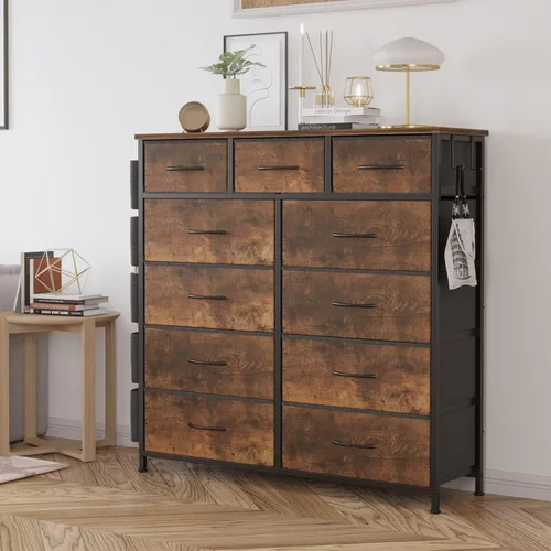 Vista 12 de Cómoda de almacenamiento de tela con 11 cajones para organización del dormitorio, cómoda con estantes profundos, bolsillos laterales y ganchos, Negro