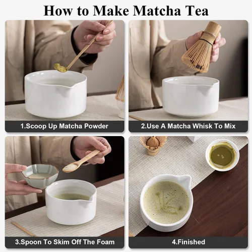 Vista 3 de Juego de 4 batidores de matcha, batidor de bambú matcha, soporte, cuchara, ceremonia tradicional de té japonés, accesorios de té verde matcha