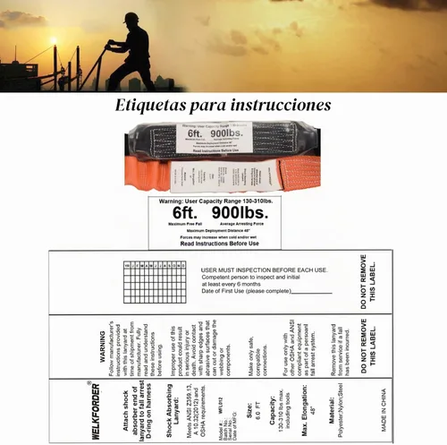 Vista 6 de Cordón de seguridad de doble pierna de 6 pies para amortiguador de consturción Cordón elástico con conectores de gancho de presión y barras