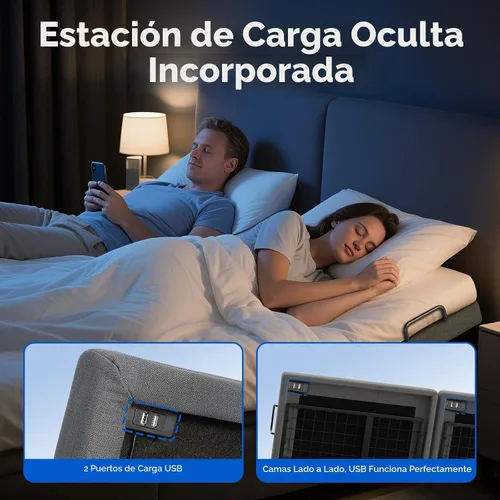 Vista 3 de Base de cama ajustable individual XL con masaje, base de cama eléctrica con patas ajustables, puertos USB, control remoto inalámbrico, gravedad cero