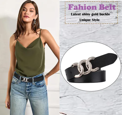 Vista 2 de ALAIX Cinturón de mujer Cinturón con hebilla doradaplateada Cinturón de cuero negro Pantalones de vestir de moda Cinturones de jeans para mujer