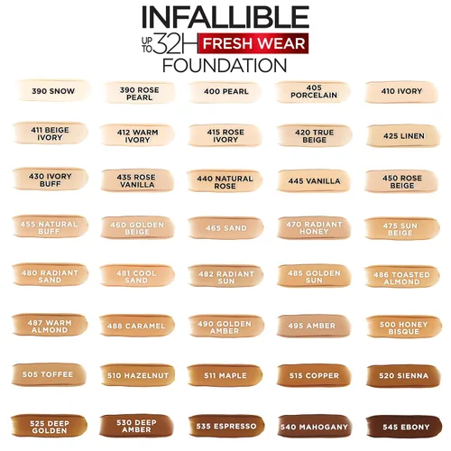 Vista 6 de L'Oreal Paris Maquillaje Infallible - Base ligera de maquillaje resistente hasta 32 horas, tono 390 Rosa Perla, 1 fl oz, el empaque puede variar