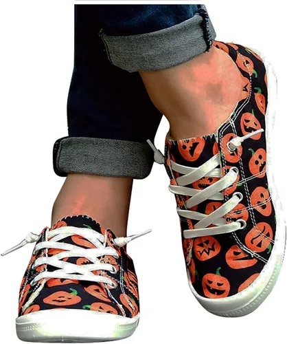 Vista 5 de Zapatos de lona para mujer, con estampado de calabaza y fantasma, zapatos deportivos planos para mujer, zapatos transpirables para mujer
