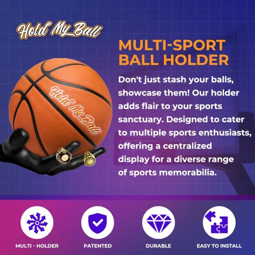 Vista 7 de Soporte de pelota montado en pared – Resina premium – Exhibición de baloncesto, fútbol, fútbol americano – Cuelga pelotas de forma segura