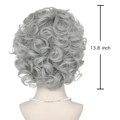 Vista 3 de MISS U HAIR - Peluca de anciana y accesorios, peluca de disfraz de abuela para abuela, peluca corta y rizada gris para cosplay, peluca de fiesta