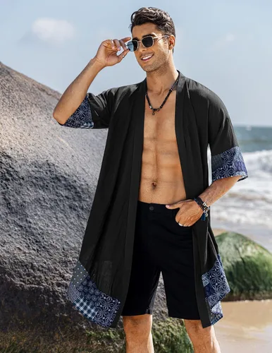 Vista 2 de COOFANDY Cárdigan de algodón con cuello de chal con volantes para hombre cárdigan largo tipo kimono