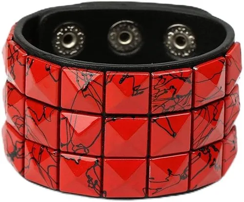 Vista 10 de Pulsera de cuero con remaches de pirámide de 3 hileras, pulsera de joyería punk de cuero