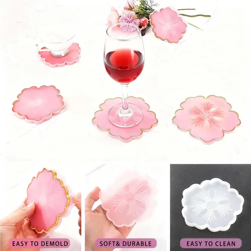 Vista 2 de Moldes de posavasos de resina Loyohep, moldes de silicona para resina, 12 piezas con moldes de posavasos redondos, cuadrados, octagonales y florales