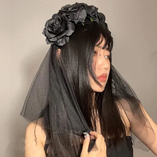 Vista 3 de HAOZAIKEJI Halloween Fantasma Novia Velo Floral Corona Tocado Muerto Zombie Headwear Bruja Negro Encaje Corona Fiesta Fantasía