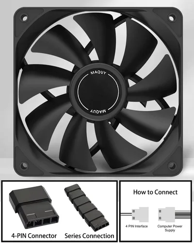 Vista 6 de Paquete de 3 ventiladores negros de carcasa de computadora de 4.724 in, refrigeración por aire de alto rendimiento, bajo ruido, 4 pines y 1200 rpm