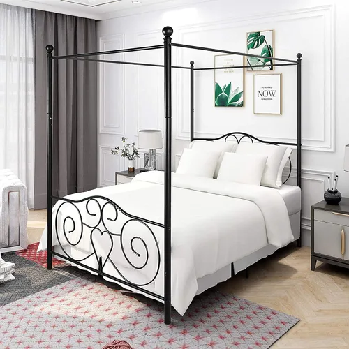 Vista 3 de Marco de cama tamaño matrimonial, listones de acero resistente y soporte con cabecero y estribo, no requiere somier (negro)