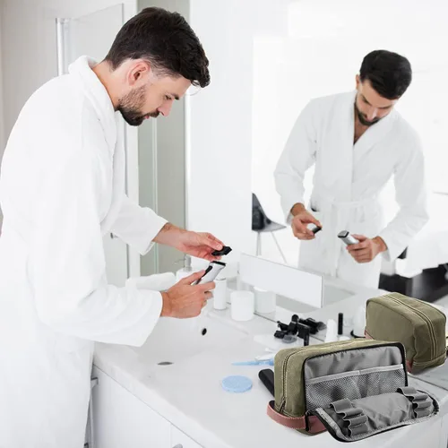 Vista 7 de Neceser de viaje para hombres y mujeres, organizador de artículos de tocador de lona resistente al agua, de cuero vegano, kit de Dopp colgante