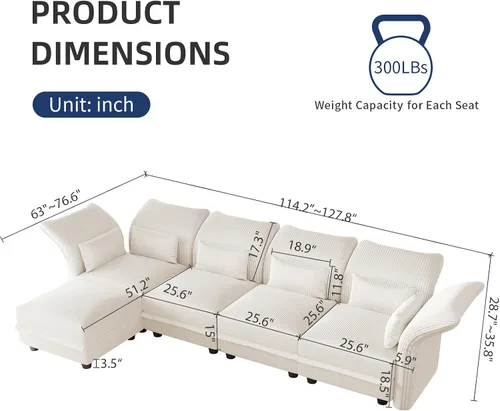 Vista 2 de LLappuil - Sofá seccional en forma de L con almacenamiento, sofás seccionales modulares beige de pana para sala de estar con brazos y respaldos Pana
