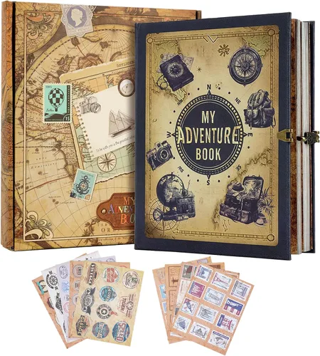 Vista 10 de Mi Libro de Aventuras Diario Álbum de Recortes 164 Páginas Cubierta Retro de Cuero de Vaca Diario de Viaje, Álbum de Recortes de Viaje 3D Diseño