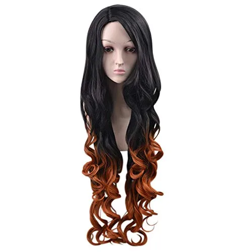 Vista 2 de Peluca de color naranja y negro degradado para mujer, cabello largo y rizado