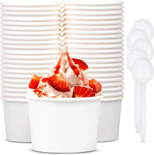 Vista 10 de Promora Tazas de helado de papel desechables de 12 onzas, 50 unidades + cucharas, cuencos para sopa caliente/postre con cucharas, perfectas