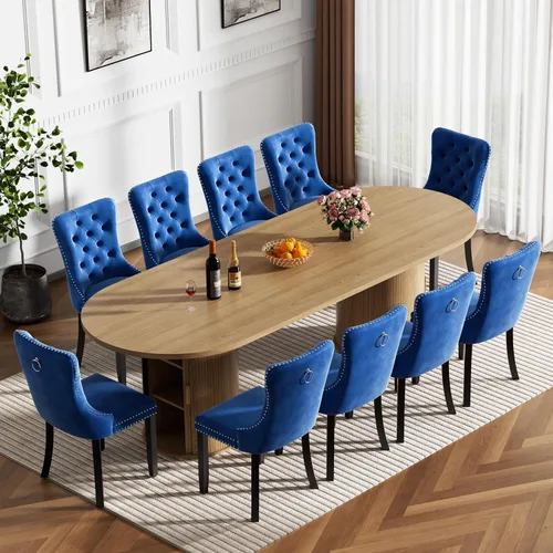 Vista 19 de Mesa de comedor extensible de madera de 63 a 94 pulgadas para 6-8-10 personas, mesa de cocina ovalada expandible con base de gabinete acanalada Mesa