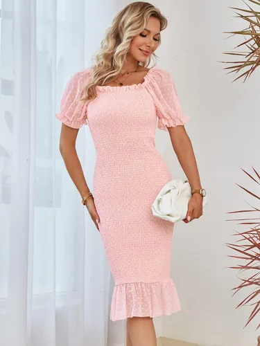 Vista 3 de SENFURE Vestido de verano para mujer, estilo casual, por debajo de la rodilla, fruncido, manga abombada, cuello cuadrado, volantes, vestido