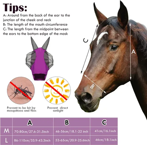 Vista 2 de Weewooday - 2 máscaras faciales de caballo con orejas, suaves y elásticas para moscas, cubierta de malla transpirable para los ojos, máscaras