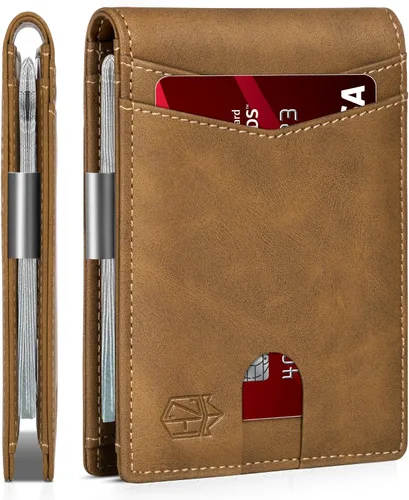 Vista 77 de Zitahli - Carteras delgadas con clip para dinero para hombre, tarjetero minimalista, de cuero, plegable, con bloqueo RFID, cartera de bolsillo
