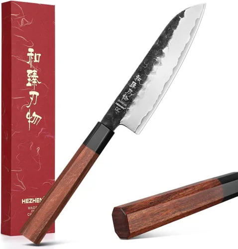 Vista 11 de Juego de cuchillos de cocina 4 piezas, cuchillo de chef de acero revestido Nakiri forjado Santoku, mango octogonal de madera