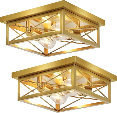 Vista 14 de Lámpara de techo de bronce cepillado para pasillo, lámpara de techo industrial de granja de montaje empotrado de 2 luces, lámpara de cocina de metal
