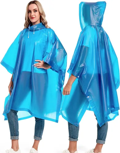 Vista 37 de Paquete de 2 ponchos de lluvia para adultos, reutilizables, impermeables, de supervivencia, emergencia, resistente, con capucha con cordón