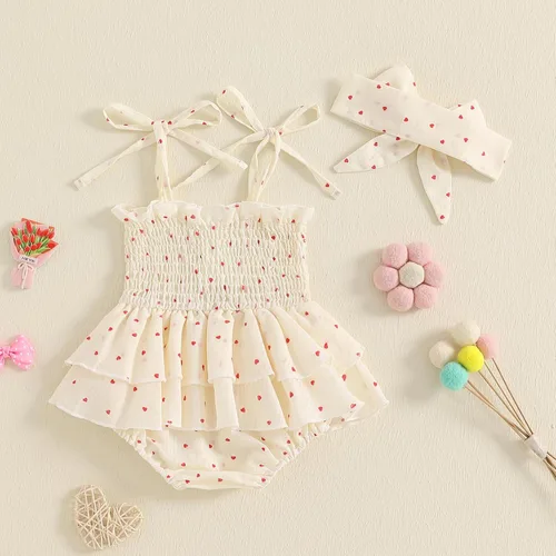 Vista 66 de Mameluco para bebés y niñas de 3, 6, 9, 12, 18 meses, enterizo de manga corta, fruncido, faldas y dobladillo, diadema