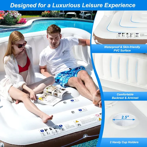 Vista 8 de Goplus Isla de toldo inflable, flotador de piscina de bronceado de 73 pulgadas con toldo retráctil y extraíble, SPF50+, 3 almohadas cómodas, carga