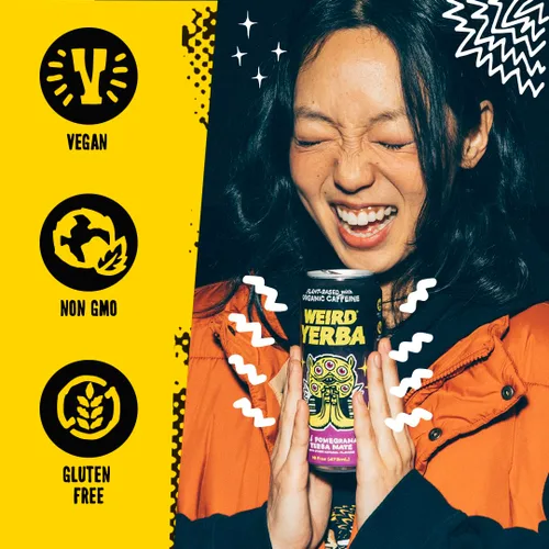 Vista 4 de Bebe Weird Organic Acai Pomegranate Yerba Mate – Latas de 16 onzas, 160 mg de cafeína orgánica, paquete de 12 – Alternativa a bebidas energéticas