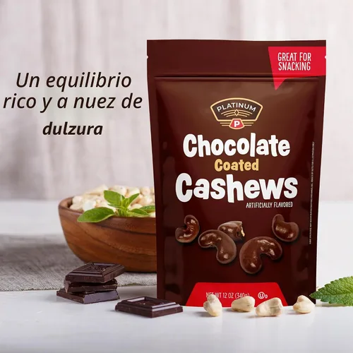 Vista 4 de Platinum - Anacardos recubiertos de chocolate bolsa resellable de 12 oz Anacardo saborizado cubierto de dulce de chocolate, nueces tostadas