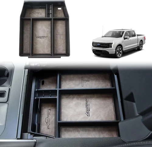 Vista 9 de BestEvMod Caja de almacenamiento, bandeja organizadora de consola central con ribete de cuero vegano compatible con Ford F150 F-150 Lightning Negro