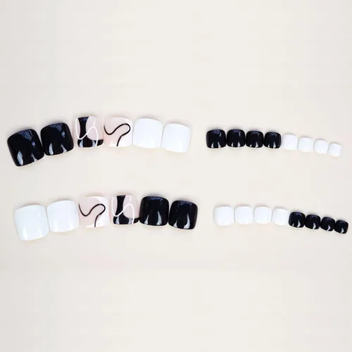 Vista 3 de Uñas postizas a presión con diseños de líneas, uñas postizas artificiales negras y blancas para los dedos, uñas postizas acrílicas brillantes
