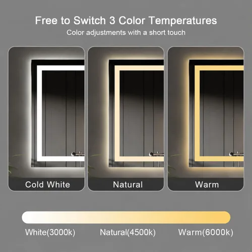 Vista 5 de Espejo LED plateado para baño, horizontal y vertical, con botón sensible (C-CK010)