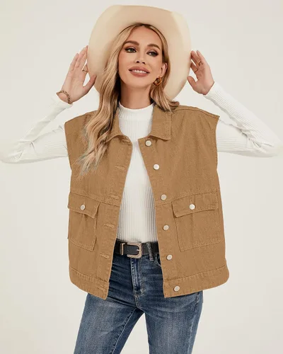 Vista 5 de luvamia Denim para mujer, de gran tamaño, con botones, sin mangas, chaqueta vaquera a la moda, casual, ropa de abrigo occidental con bolsillos
