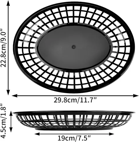 Vista 2 de EUSOAR Cestas de comida con papel pergamino, 12 cestas de plástico negro de 11.8 x 8.9 pulgadas para servir alimentos y 10 x 11 pulgadas, 100 forros