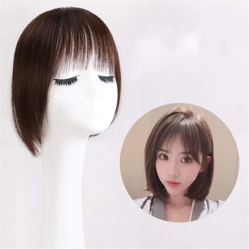 Vista 2 de Peluca de cabello humano real para mujer, con flequillo, 8 pulgadas, color marrón oscuro