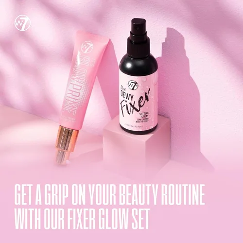 Vista 2 de W7 The Fixer Glow Set - Primer de maquillaje y spray fijador para acabado radiante y húmedo, cobertura transparente dorada, ligera y no pegajosa