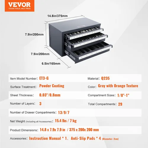 Vista 2 de VEVOR Dispensador de molino de extremo – Armario organizador de fresado de extremo de tres cajones, acero laminado en frío, tamaños fraccionarios