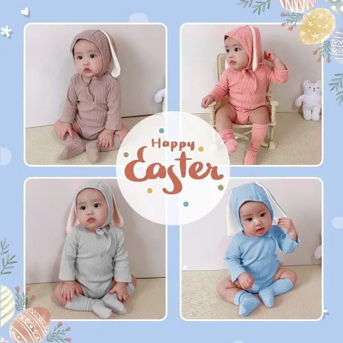 Vista 5 de Xifamniy Traje de conejo de Pascua para bebé, mameluco con orejas de conejo 3D para bebé recién nacido, Azul