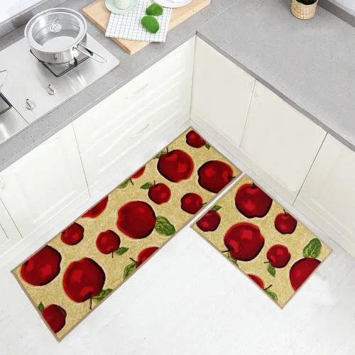 Vista 2 de Juego de 2 alfombras y tapetes de cocina lavables a máquina, diseño de manzana roja, antideslizante, absorbente, alfombra de cocina
