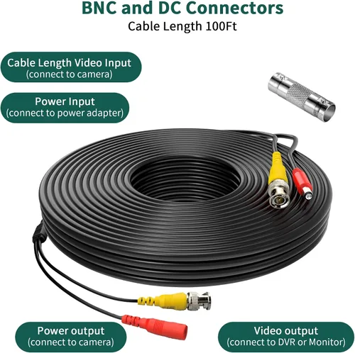 Vista 3 de Cables de cable BNC de alimentación de video negro de 25 pies compatibles con cámaras de seguridad Zosi CCTV DVR