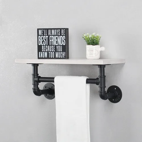 Vista 7 de MBQQ Estante de tubería industrial para baño, estantes montados en la pared, estante de madera rústica de 19.6 pulgadas con toallero, toallero