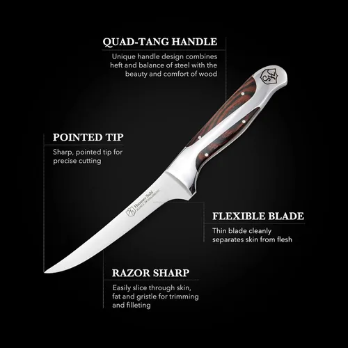 Vista 6 de Hammer Stahl Cuchillo de deshuesar de 6 pulgadas, acero alemán de alto carbono, hoja flexible curvada para deshuesar, filetear y recortar, mango