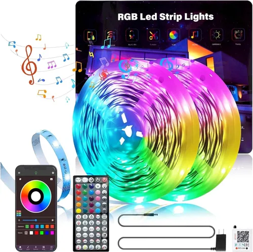 Vista 6 de GANZQH - Tira de luces LED de 50 pies para dormitorio, luces de tira LED RGB que cambian de color para interiores, sincronización de música, tira