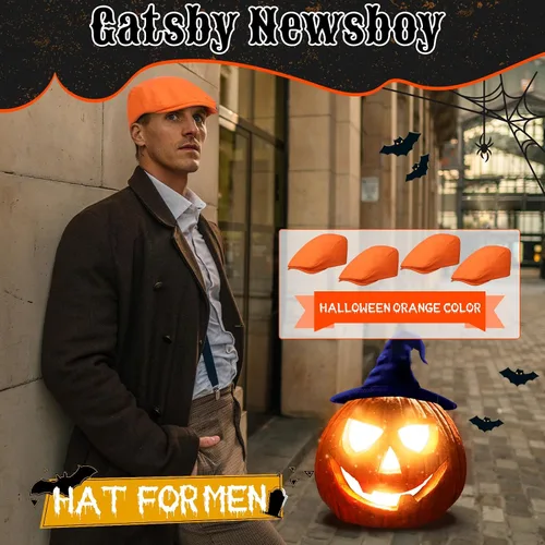 Vista 2 de SATINIOR 4 sombreros de Newsboy para hombre, gorras planas, sombrero irlandés, gorra de caza de taxista, Naranja