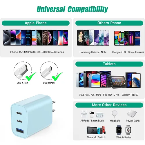 Vista 7 de Paquete de 2 bloques de cargador para iPhone 17, bloque de cargador USB C de 35 W y 3 puertos de carga rápida, enchufe de pared multipuerto USB C