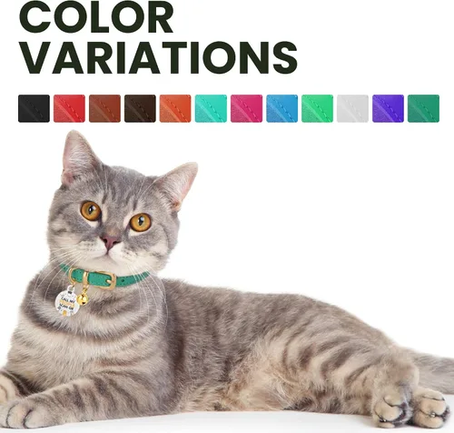 Vista 5 de BRONZEDOG Collar de cuero para gato con campanas extraíbles sin liberación rápida, etiqueta QR para gatito para niña y niño